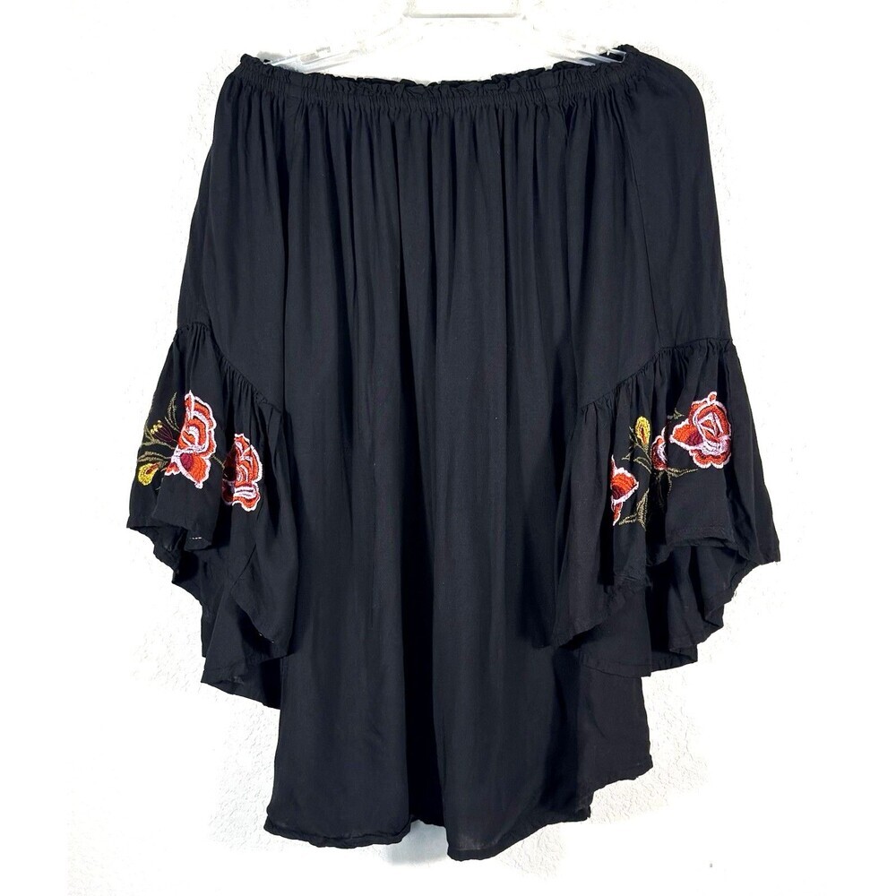 Feathers Boho Peasant Top Off Shoulder Embroidered Bell Sleeve Black S Tunic - Picture 2 of 8